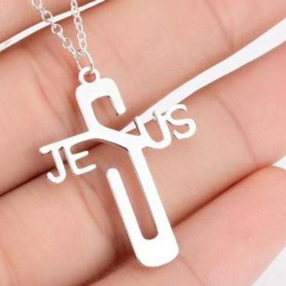 Silver Cross JESUS Name Necklace Stainless Steel Pendant & Chain
